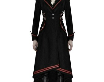 Ladies Black long tail coat Gothic Steampunk Military coat, Emo Jacket Corset Coat