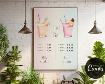 Modèle de menu glace, Ice sream menu, digital menu, template canva, editable menu