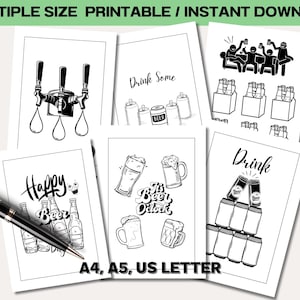 Puede incluir: Ilustraciones imprimibles en blanco y negro con temática de cerveza. Las ilustraciones incluyen un grifo de cerveza, botellas de cerveza, latas de cerveza y texto que dice "Drink Some", "Happy Beer Day", "It's Beer O'clock", y "Drink".