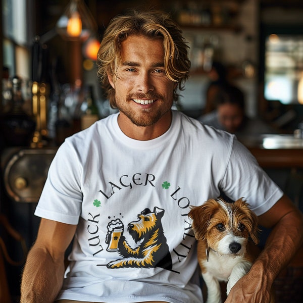 Luck Lager Loyalty T-Shirt | Funny St Pattys Day | Cute | St. Patrick's Day Gift | Irish shirt | Dog Lover | Terrier Puppy | Womens & Mens