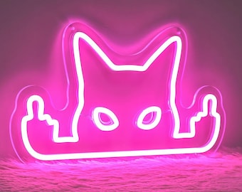 Letrero de neón LED con forma de gato con dedo medio: decoración de pared con humor gamer