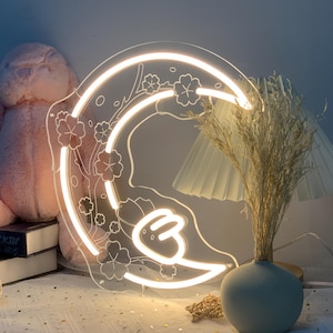 Cute Rabbit Neon Sign, Moon & Rabbit LED Sign, Custom Anime Rabbit Neon Lights, Kid&#39;s Room Neon Sign, Bunny Lover Gift, Gift for Her