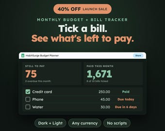 May include: A digital HabitSurge Budget Planner interface on a dark background. Text reads: 40% OFF LAUNCH SALE, MONTHLY BUDGET + BILL TRACKER, Tick a bill. See what's left to pay. The dashboard shows Still to Pay 75 and Paid This Month 1,671.