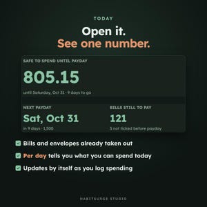 May include: A digital interface displaying financial data with the text Open it. See one number. A central box shows Safe to spend until payday 805.15, next payday Sat, Oct 31, and bills still to pay 121. Three bullet points list features.