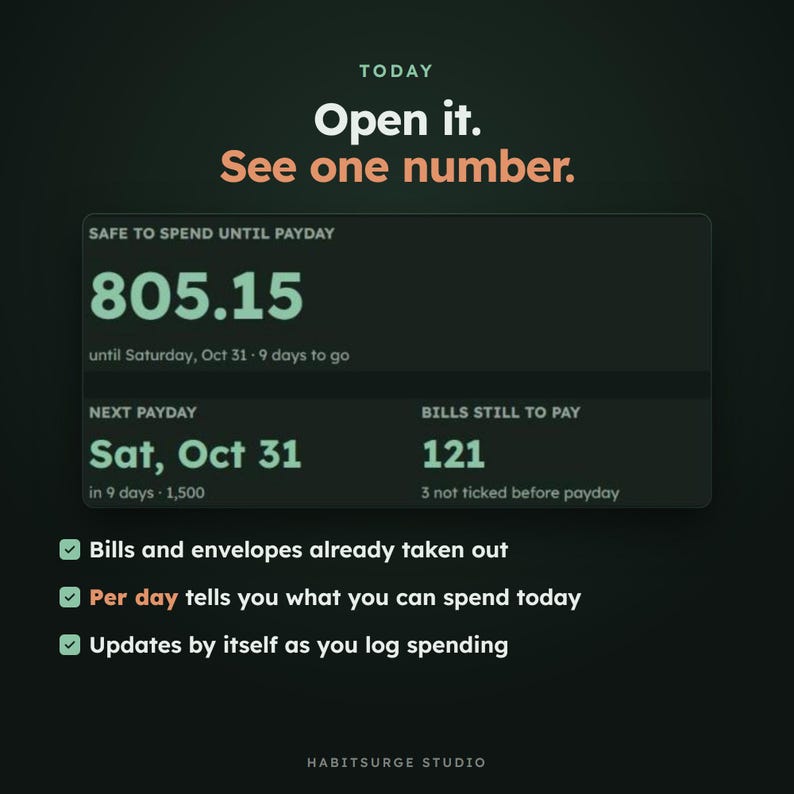 May include: A digital interface displaying financial data with the text Open it. See one number. A central box shows Safe to spend until payday 805.15, next payday Sat, Oct 31, and bills still to pay 121. Three bullet points list features.