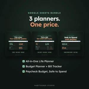 May include: A Google Sheets bundle featuring three digital planners: an All-in-One Life Planner, a Monthly Budget + Bill Tracker, and a Paycheck Budget. The dark-themed interface displays data dashboards with text, percentages, and currency figures.