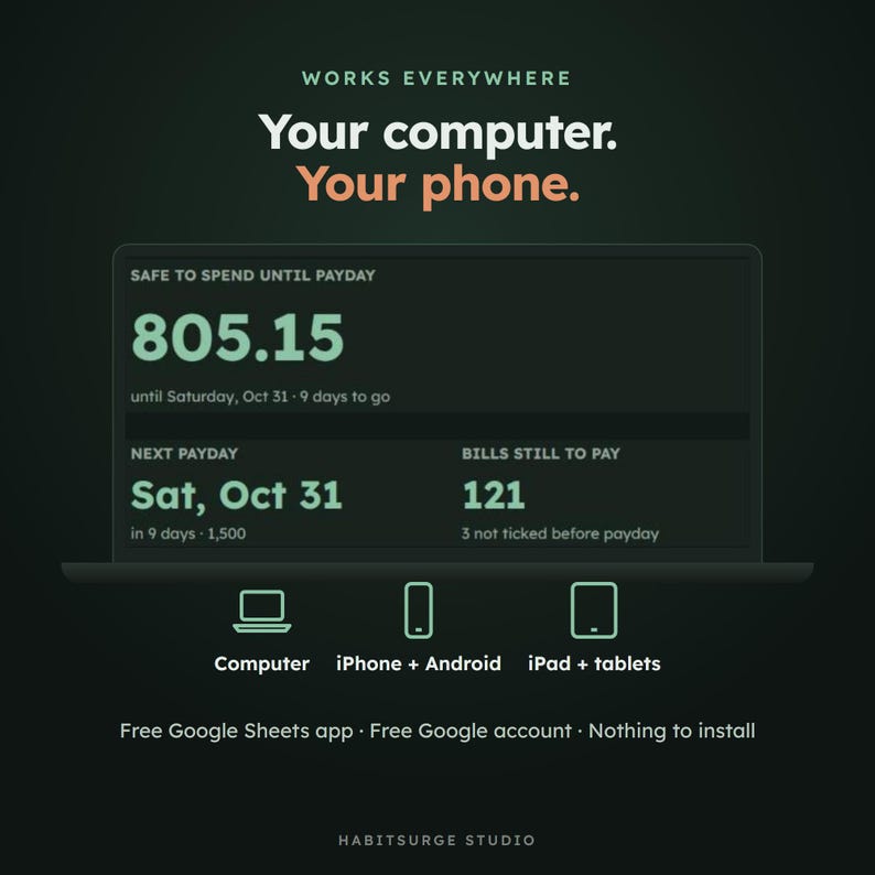 May include: A digital interface display on a dark background showing financial tracking data. Text reads: WORKS EVERYWHERE, Your computer. Your phone. SAFE TO SPEND UNTIL PAYDAY 805.15, NEXT PAYDAY Sat, Oct 31, BILLS STILL TO PAY 121, HABITSURGE STUDIO.