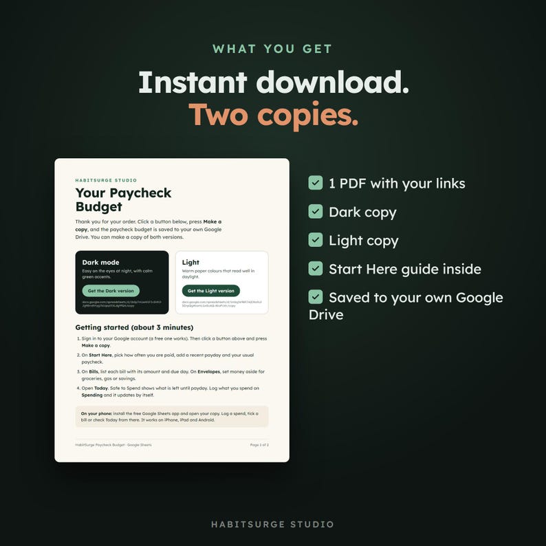 May include: A digital paycheck budget template featuring a dark mode and light mode option. The document includes instructions for Google Drive, a Start Here guide, and text titled Your Paycheck Budget by Habitsurge Studio.