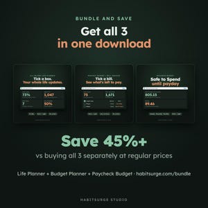 May include: A digital bundle featuring three planners: an all-in-one life planner, a monthly budget and bill tracker, and a paycheck budget. The dark-themed interface displays various tracking metrics, checkboxes, and financial data fields.