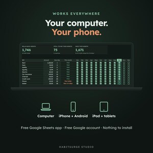 May include: A digital bill tracker spreadsheet displayed on a screen with the text Works Everywhere Your computer. Your phone. It shows monthly bill amounts, due dates, and payment status. Icons for computer, phone, and tablet are included.