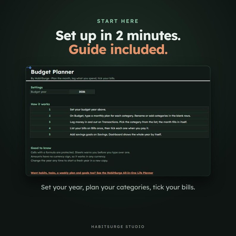 May include: A digital budget planner interface on a dark background with the text Start Here, Set up in 2 minutes. Guide included. The planner features sections for settings, how it works, and good to know, ending with HabitSurge Studio.