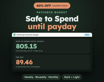 May include: A digital paycheck budget tracker interface titled HabitSurge Paycheck Budget. It displays a safe to spend amount of 805.15 until Saturday, Oct 31, and a per day amount of 89.46. Includes buttons for Weekly, Biweekly, Monthly, and Dark + Light.