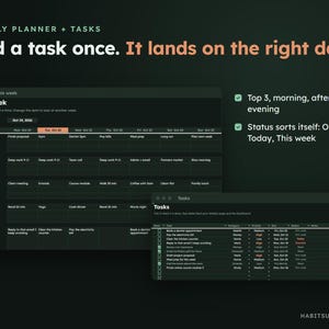 May include: A dark-themed digital weekly planner and task manager interface. The text reads: Weekly Planner + Tasks, Add a task once. It lands on the right day. Features include a grid for daily scheduling, task lists with priority levels, and status sorting for overdue items.