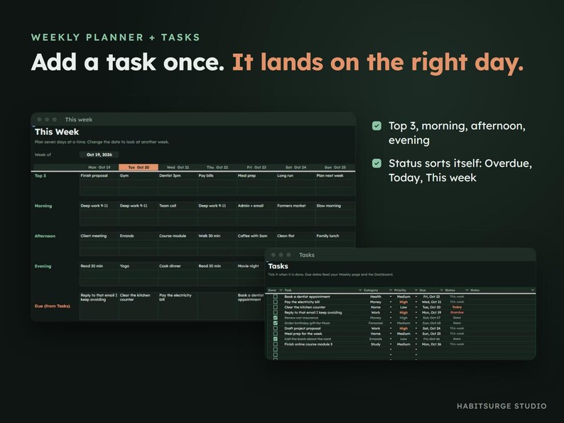 May include: A dark-themed digital weekly planner and task manager interface. The text reads: Weekly Planner + Tasks, Add a task once. It lands on the right day. Features include a grid for daily scheduling, task lists with priority levels, and status sorting for overdue items.
