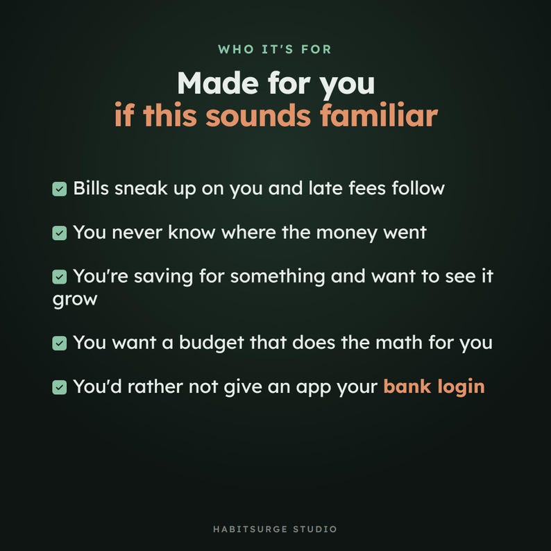 May include: A dark green graphic with white and orange text reading: WHO IT'S FOR, Made for you if this sounds familiar, followed by five bullet points with checkmarks about financial habits and the text HABITSURGE STUDIO at the bottom.