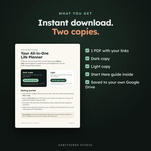 May include: A digital planner document titled Your All-in-One Life Planner by Habitsurge Studio. It features instructions for Google Drive, including Dark and Light mode options, a Start Here guide, and a list of five checkmark-style benefits.