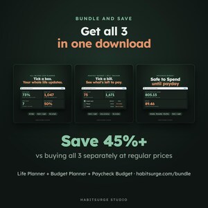May include: A digital bundle featuring three planners: an all-in-one life planner, a monthly budget and bill tracker, and a paycheck budget. The dark-themed interface displays various tracking metrics, checkboxes, and financial data fields.