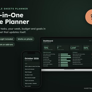May include: A digital life planner for Google Sheets displayed on a laptop and smartphone. The interface features a dark theme dashboard with habit tracking, task lists, and goal progress. Text includes All-in-One Life Planner, 22 tabs, and October 2026.