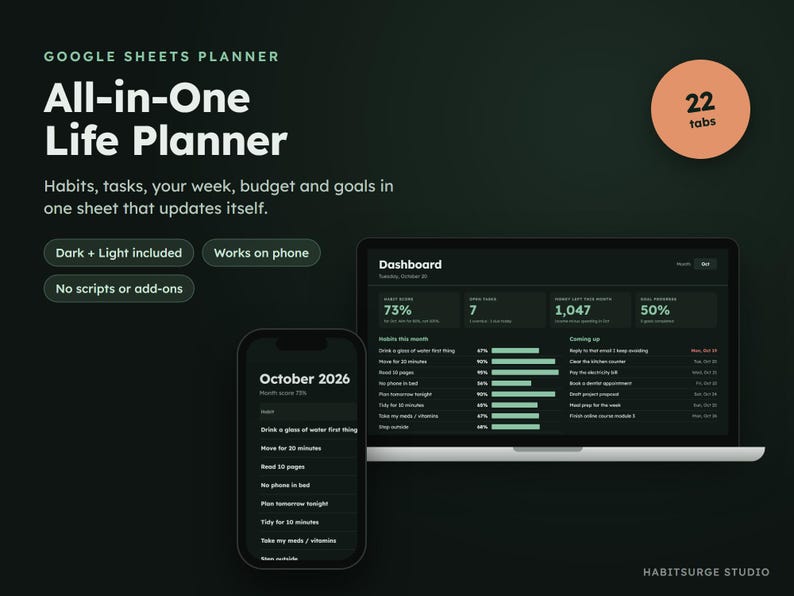 May include: A digital life planner for Google Sheets displayed on a laptop and smartphone. The interface features a dark theme dashboard with habit tracking, task lists, and goal progress. Text includes All-in-One Life Planner, 22 tabs, and October 2026.