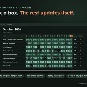May include: A digital habit tracker interface for October 2026 featuring a dark theme with green checkmark boxes for daily tasks. Text includes 12 MONTHLY HABIT TRACKERS, Tick a box. The rest updates itself., and labels for score, progress, and streaks.