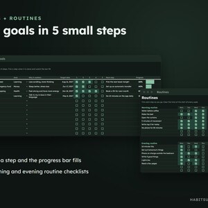 May include: A digital goals and routines planner interface on a dark background. The text reads Goals + Routines, Big goals in 5 small steps, Goals, and Routines. It features interactive checklists, progress bars, and daily habit trackers.