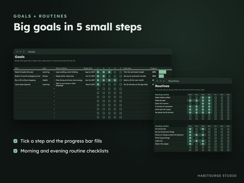 May include: A digital goals and routines planner interface on a dark background. The text reads Goals + Routines, Big goals in 5 small steps, Goals, and Routines. It features interactive checklists, progress bars, and daily habit trackers.