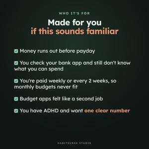 May include: A dark green informational graphic titled WHO IT'S FOR Made for you if this sounds familiar. It lists five points with checkmarks: money runs out before payday, bank app confusion, weekly pay cycles, budget apps feeling like work, and ADHD.