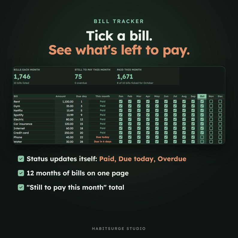May include: A digital bill tracker spreadsheet with a dark theme. The header reads Bill Tracker, Tick a bill. See what's left to pay. It displays monthly bill amounts, due dates, and payment status checkboxes for twelve months of the year.