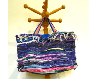 Big bohemian style recycled rag bag in bright blue colours to wear every day with any outfit. Bag for special gift.