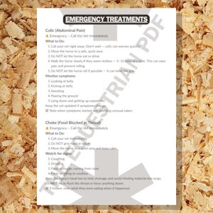 Puede incluir: Un papel blanco con el título "TRATAMIENTOS DE EMERGENCIA" e instrucciones para cólicos y atragantamientos en caballos. El texto detalla qué hacer y qué síntomas controlar. El fondo es de virutas de madera.