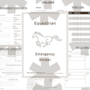 Puede incluir: Un archivador de emergencia ecuestre con fondo blanco. La portada presenta la palabra "Equestrian" sobre un dibujo lineal de un caballo y las palabras "Emergency Binder". El archivador incluye secciones para contactos de emergencia, consentimiento veterinario y rutina diaria.