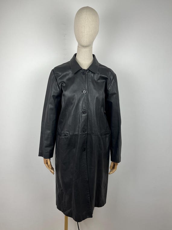 Escada Sport Black Leather Cloak Vintage 90s Rave Streetwear Rare Coat Women's Size L