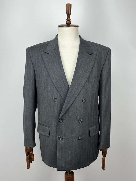 Chatsworth Tailored In England Vintage 90s Rare Classic Gray Striped Wool Double Breasted Blazer Men’s Size 42 Regular