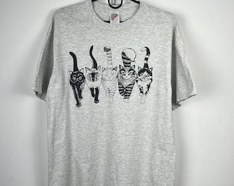 Jerzees Cotton Preshrunk Vintage 90s Rare Gray Cats Print Short Sleeve Streetwear Shirt Made In USA Men’s Size L