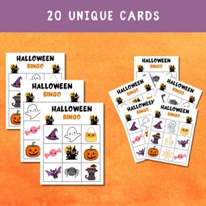 May include: A collection of Halloween Bingo cards with various spooky illustrations. Each card features a grid with images of pumpkins, ghosts, witches, and other Halloween-themed icons. The text "HALLOWEEN BINGO" is displayed on each card, with the text "20 UNIQUE CARDS" at the top.