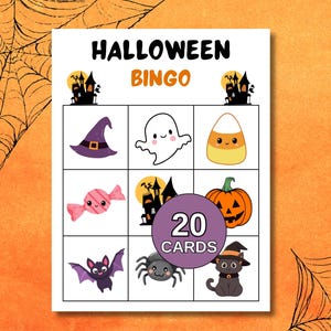 May include: A Halloween Bingo game card with a grid of colorful illustrations. The card features a witch's hat, ghost, candy corn, candy, haunted house, pumpkin, bat, spider, and black cat. The text "HALLOWEEN BINGO" is at the top.