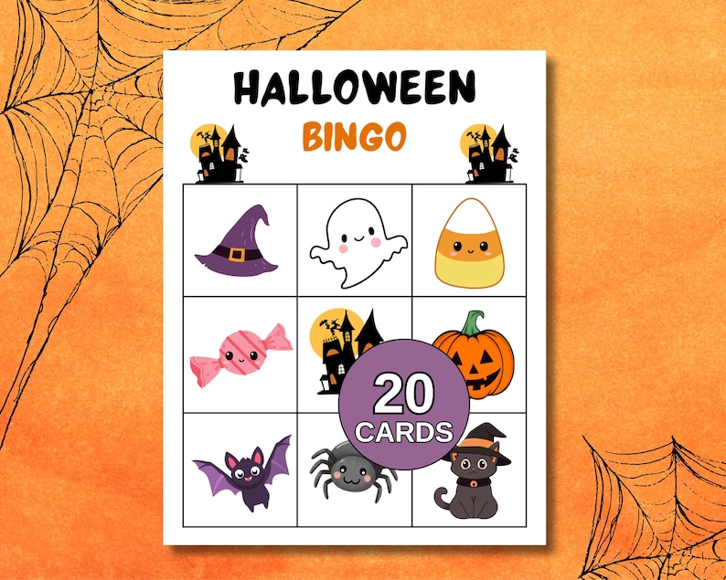 May include: A Halloween Bingo game card with a grid of colorful illustrations. The card features a witch's hat, ghost, candy corn, candy, haunted house, pumpkin, bat, spider, and black cat. The text "HALLOWEEN BINGO" is at the top.