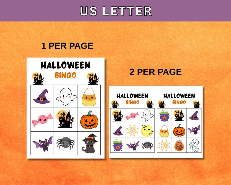 May include: Two Halloween Bingo game cards with spooky illustrations, including a haunted house, witch's hat, ghost, candy corn, pumpkin, and spider. The text "HALLOWEEN BINGO" is displayed on each card. One card is designed to print one per page, and the other is designed to print two per page.