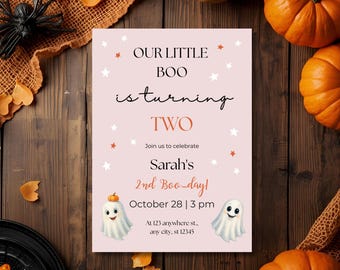 Unser Little Boo dreht Zwei, Halloween 2.Geburtstags-Einladung, zwei gruselige Halloween-Geist, 2.Geburtstag-Halloween-Einladungs-Mädchen