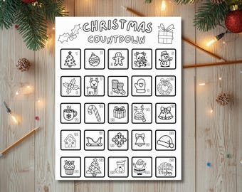 Christmas Countdown Coloring Page, Coloring Advent Calendar for Kids, Holiday Countdown Poster, Printable Coloring Calendar