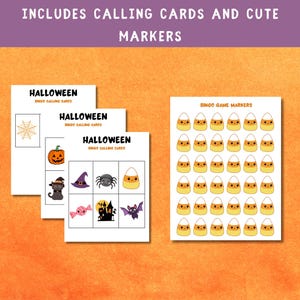 May include: Halloween-themed bingo game set. Includes calling cards and cute markers. The calling cards feature Halloween-related images like a spider web, pumpkin, cat, witch hat, spider, candy corn, candy, haunted house, and bat. The markers are candy corn.