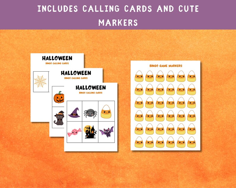 May include: Halloween-themed bingo game set. Includes calling cards and cute markers. The calling cards feature Halloween-related images like a spider web, pumpkin, cat, witch hat, spider, candy corn, candy, haunted house, and bat. The markers are candy corn.