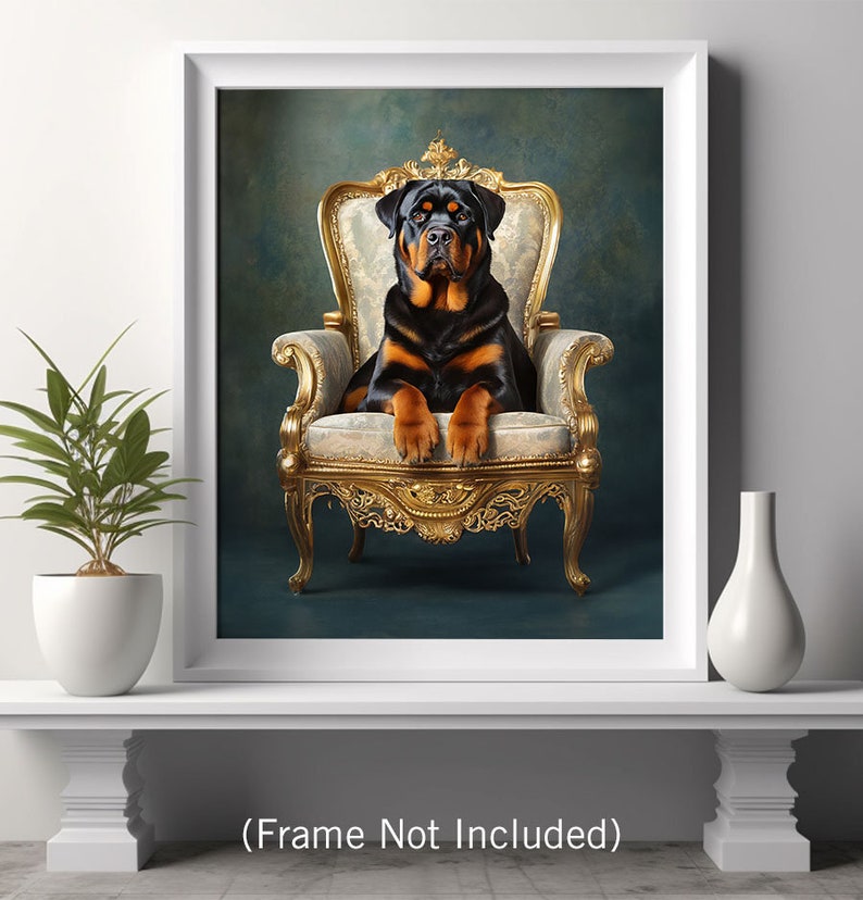 Pu&ograve; includere: Un Rottweiler seduto su una sedia dorata ornata su uno sfondo blu scuro. Il cane guarda direttamente la fotocamera.