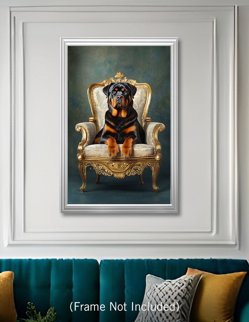 Pu&ograve; includere: Un cane Rottweiler nero e marrone seduto su una sedia ornata d'oro e bianco su uno sfondo verde acqua. Il cane guarda direttamente la telecamera.