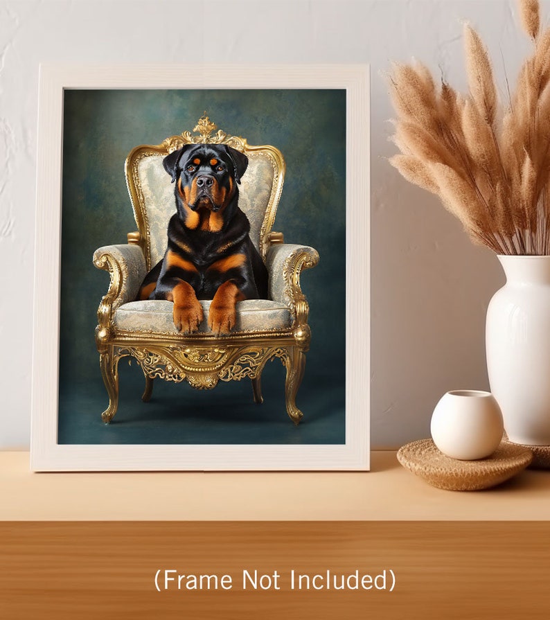 Pu&ograve; includere: Un cane Rottweiler seduto su una sedia dorata ornata su uno sfondo blu-verde. Il cane guarda direttamente la fotocamera.