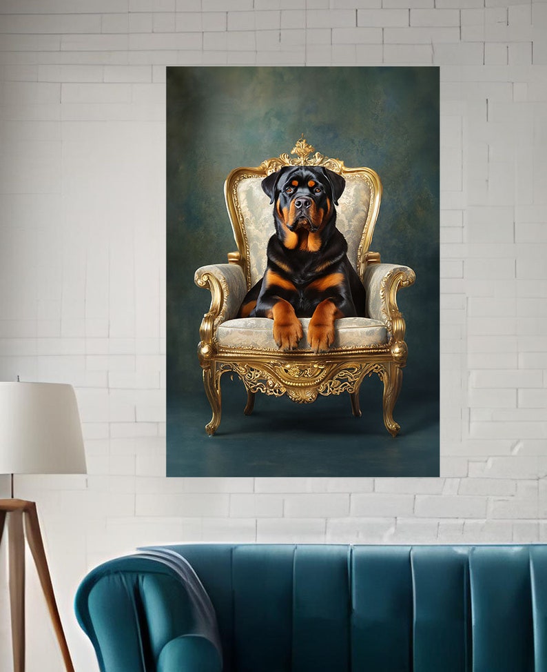 Pu&ograve; includere: Un cane Rottweiler nero e marrone seduto su una sedia ornata dorata e bianca su uno sfondo verde.