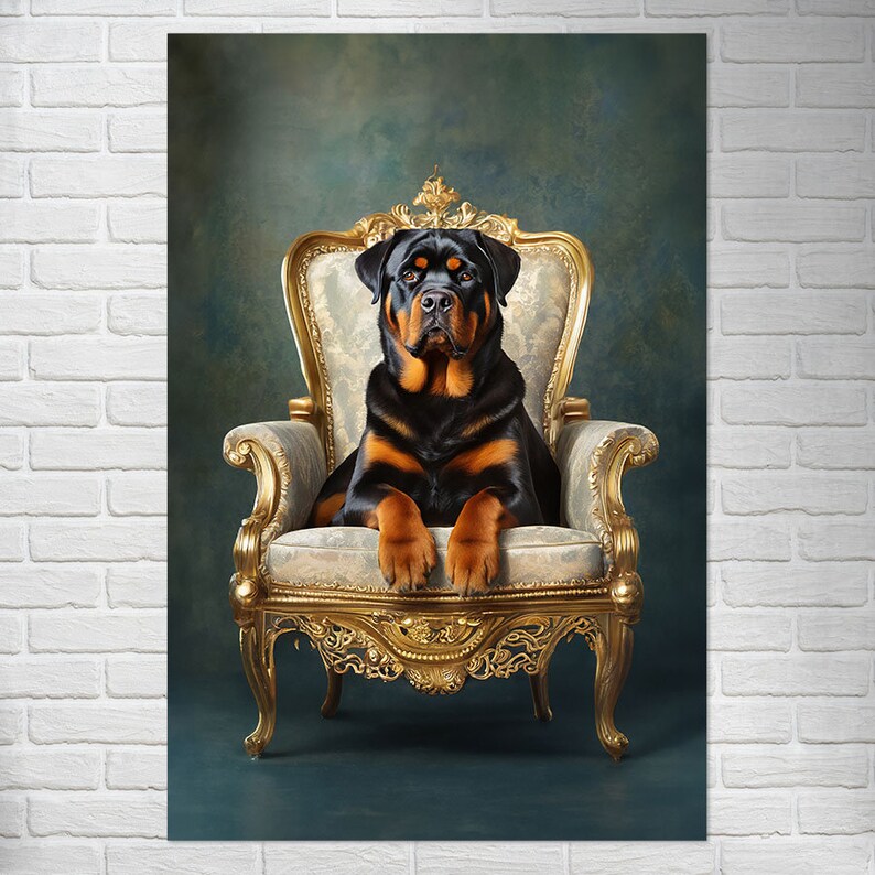 Pu&ograve; includere: Un cane Rottweiler nero e marrone seduto su una sedia dorata ornata su uno sfondo verde. Il cane guarda direttamente la telecamera.