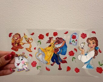 Disney La Bella y La Bestia Rosas UV DTF Wrap Transfer 16oz / No necesita calor / Impermeable / Adhesivo permanente