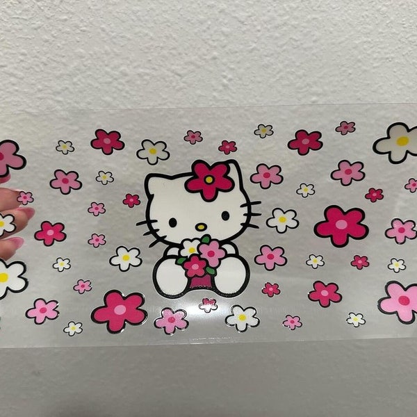 Kitty Cartoon Flower UV DTF Wrap Transfer 16oz | No Heat Needed | Waterproof | Permanent Adhesive