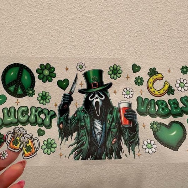 St Patrick's Ghostface Scream Lucky Vibes St Patty's Day UV DTF Wrap Transfer 16oz | No Heat Needed | Waterproof | Permanent Adhesive